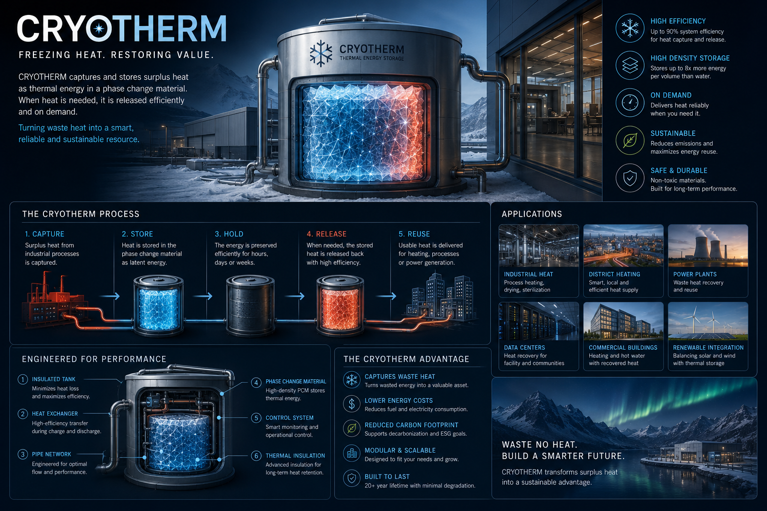 CRYOTHERM industrial thermal recovery system showing capture, storage and release of low-grade heat.