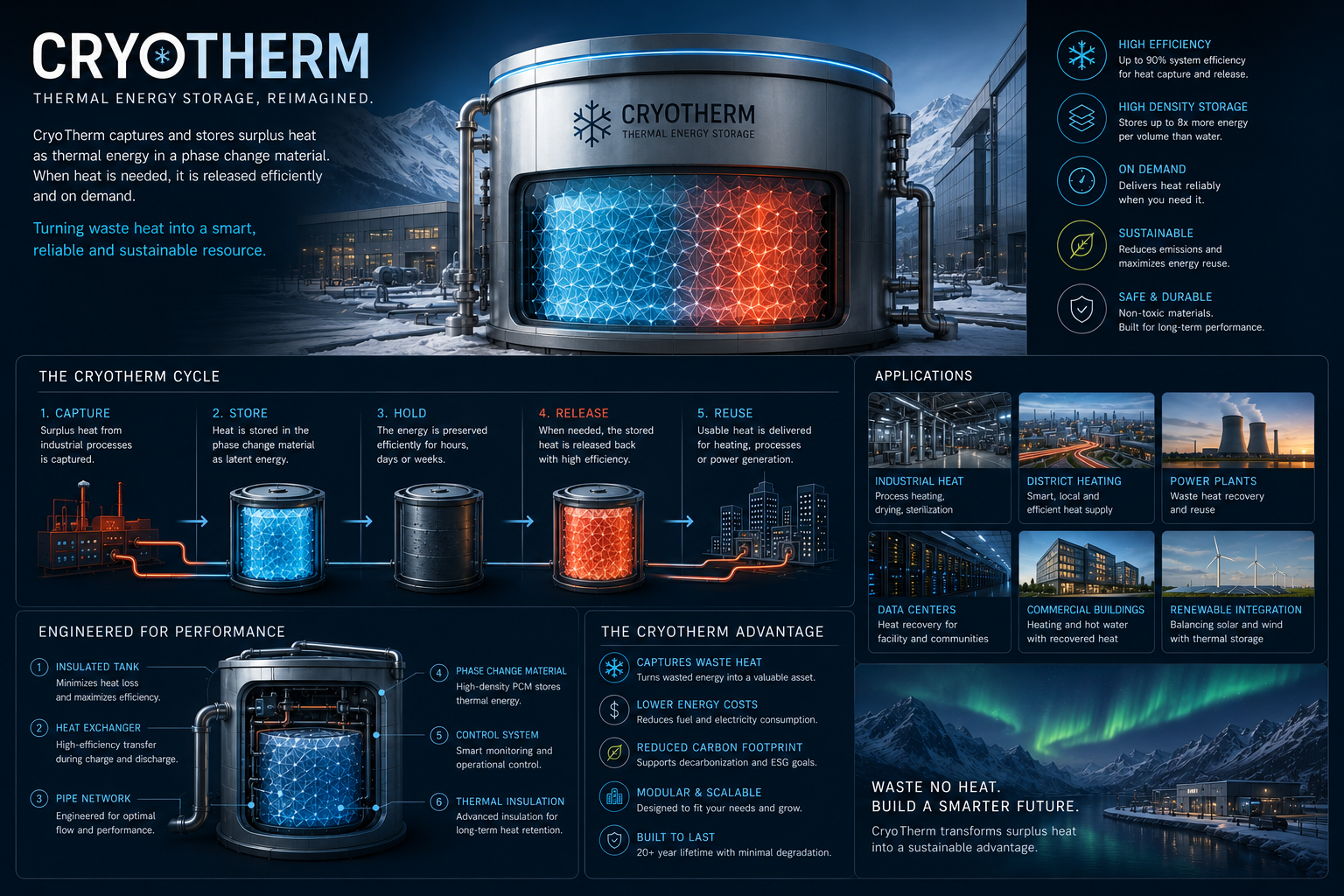 CRYOTHERM system overview infographic with thermal storage tank, process cycle and applications.