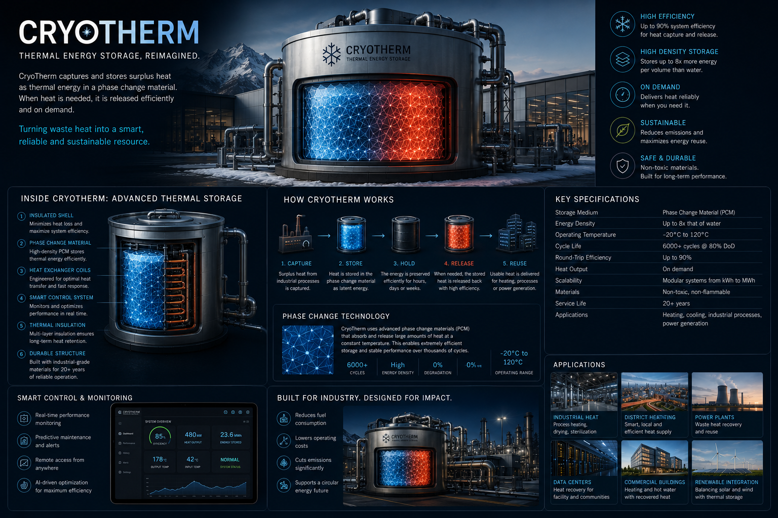 CRYOTHERM engineering infographic showing internal thermal storage, phase-change material, monitoring and applications.