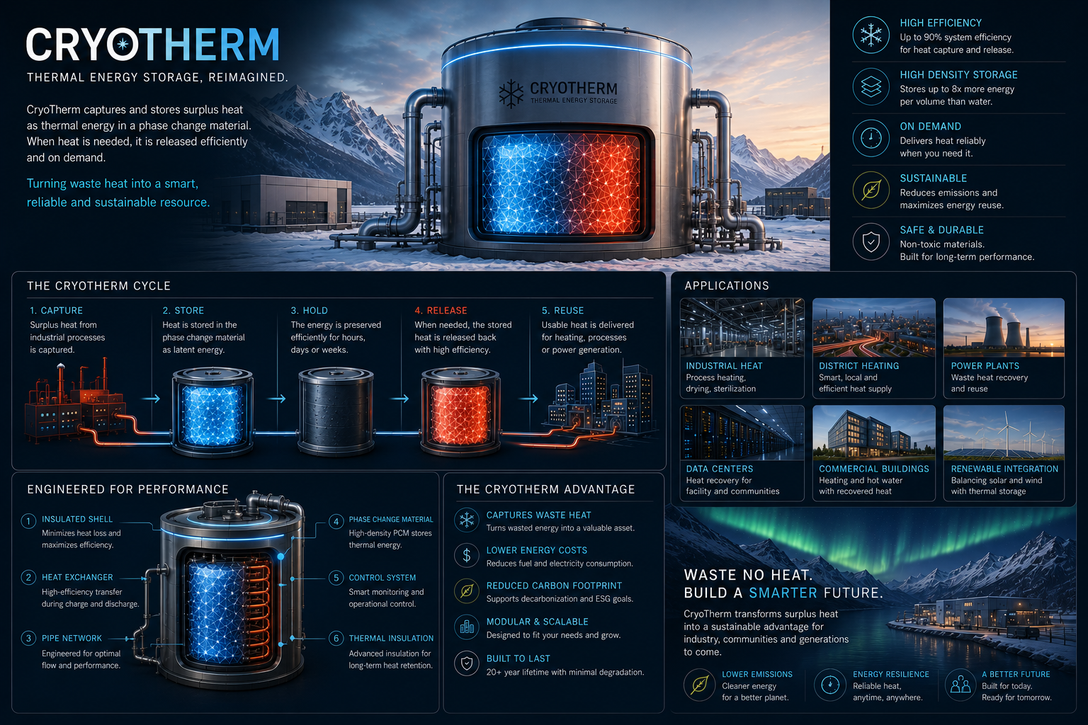 CRYOTHERM cycle and application sectors infographic.