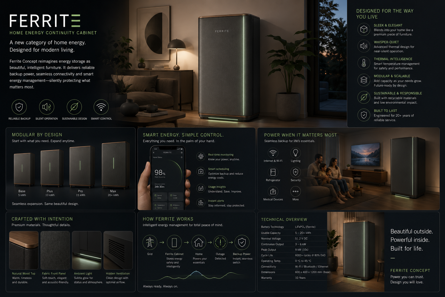 Ferrite Concept — home energy continuity cabinet in a modern living space.