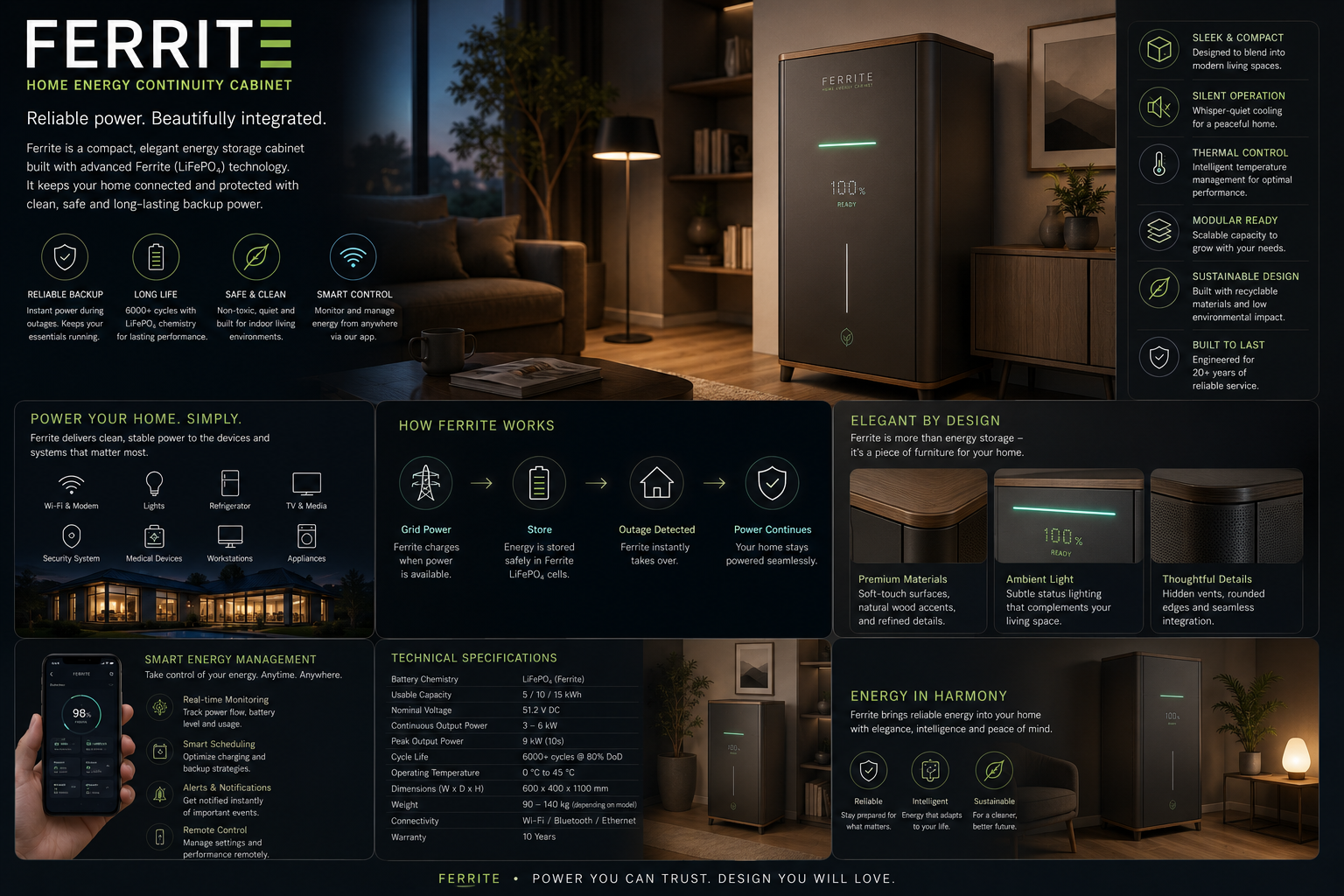 Ferrite home energy continuity cabinet — feature and design overview.