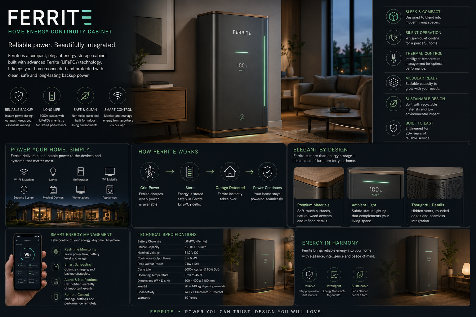Ferrite product brochure — home backup, energy management and design details.