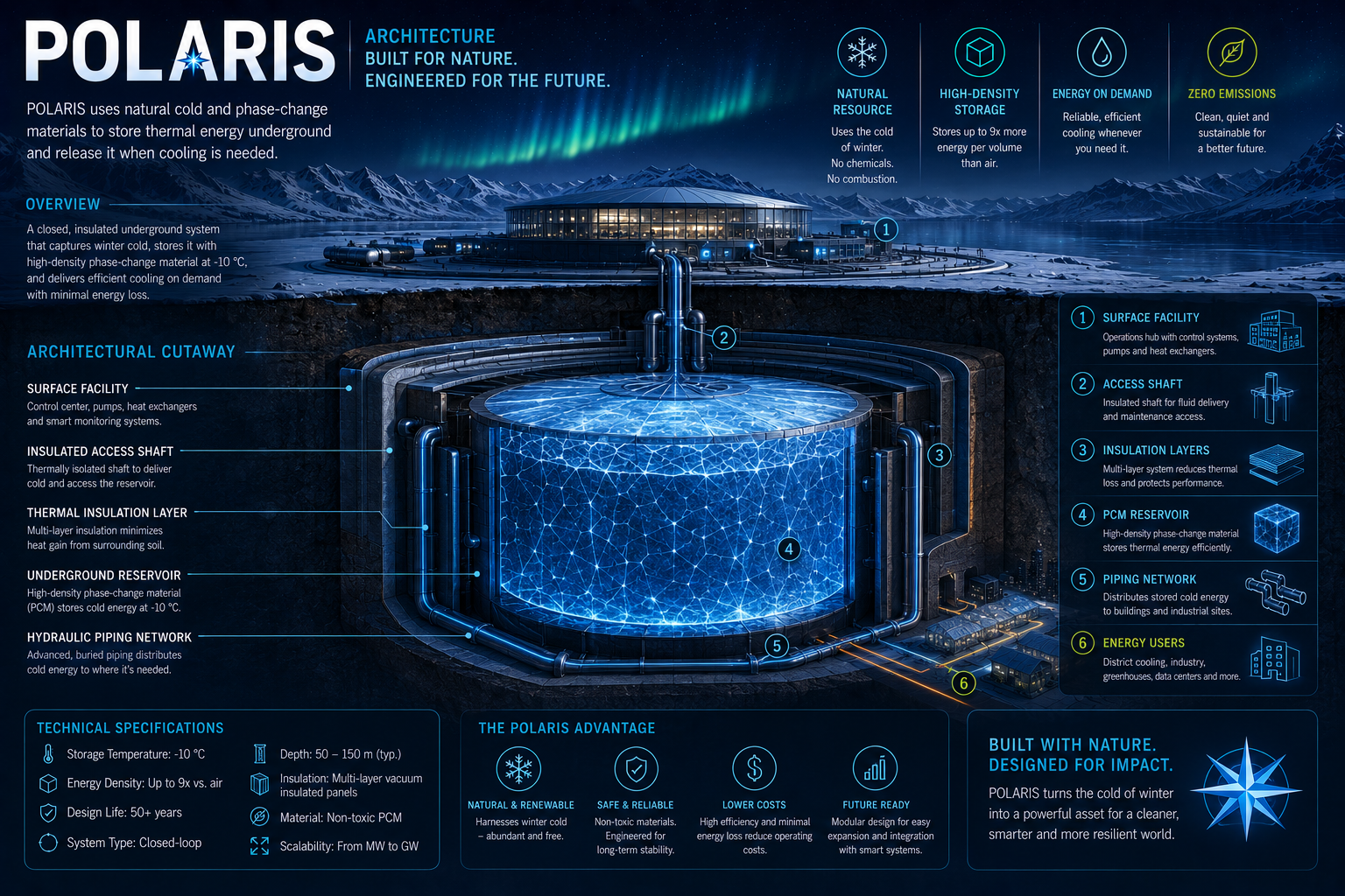POLARIS underground architecture cutaway showing reservoir, insulation, shafts and piping network.