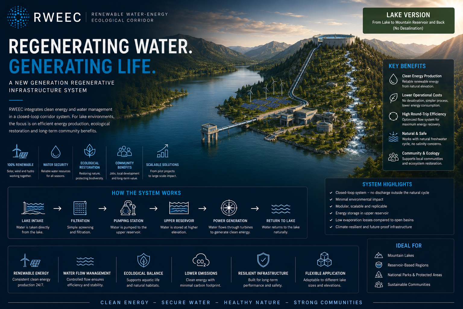 Lake version — renewable-powered elevation and ecological flow.