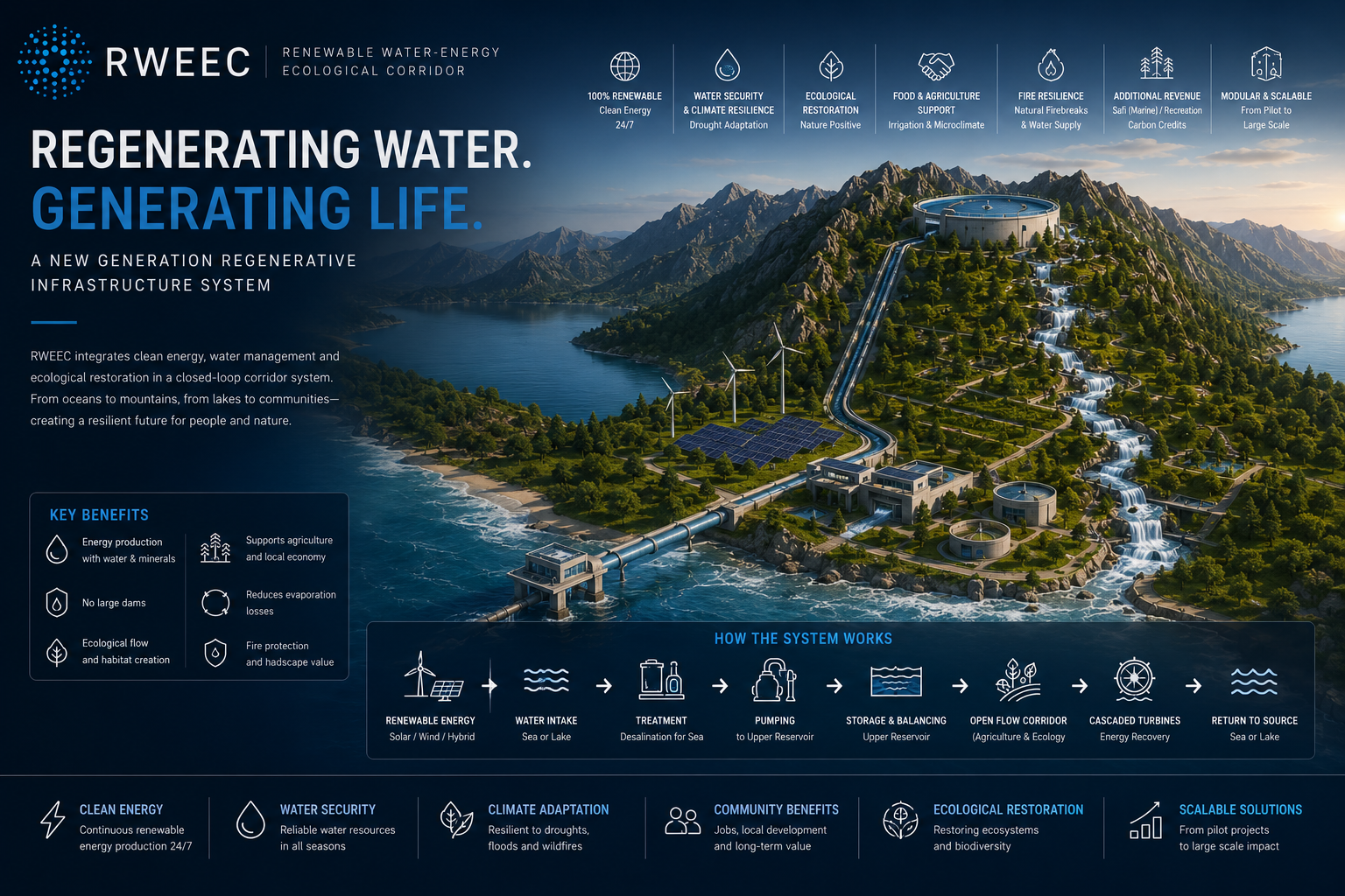 Marine version — seawater intake and higher infrastructure complexity.