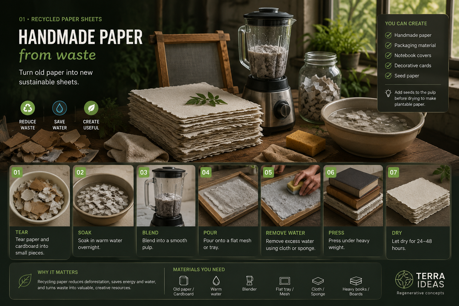 Recycled paper sheets from household waste infographic