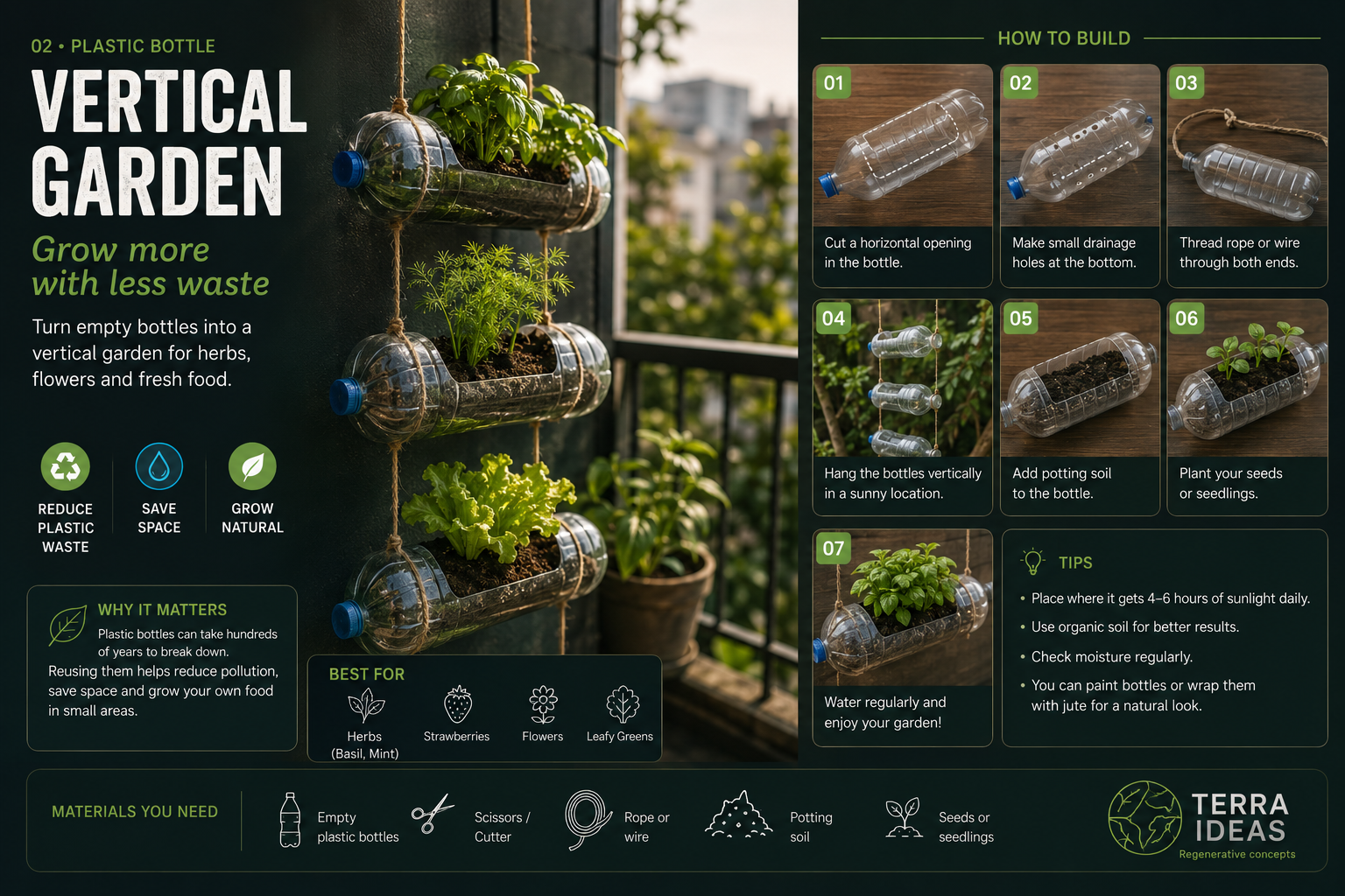 Plastic bottle vertical garden infographic