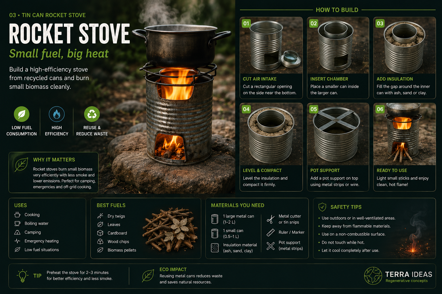 Tin can rocket stove infographic