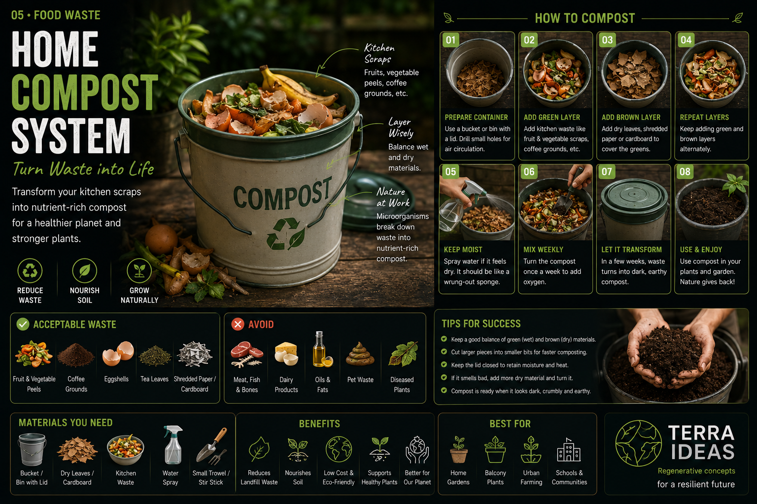 Kitchen waste compost bucket infographic