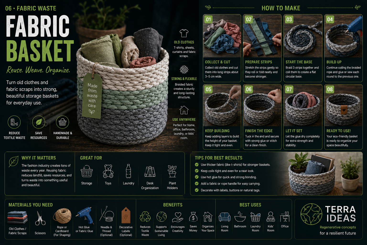 Fabric scrap storage basket infographic