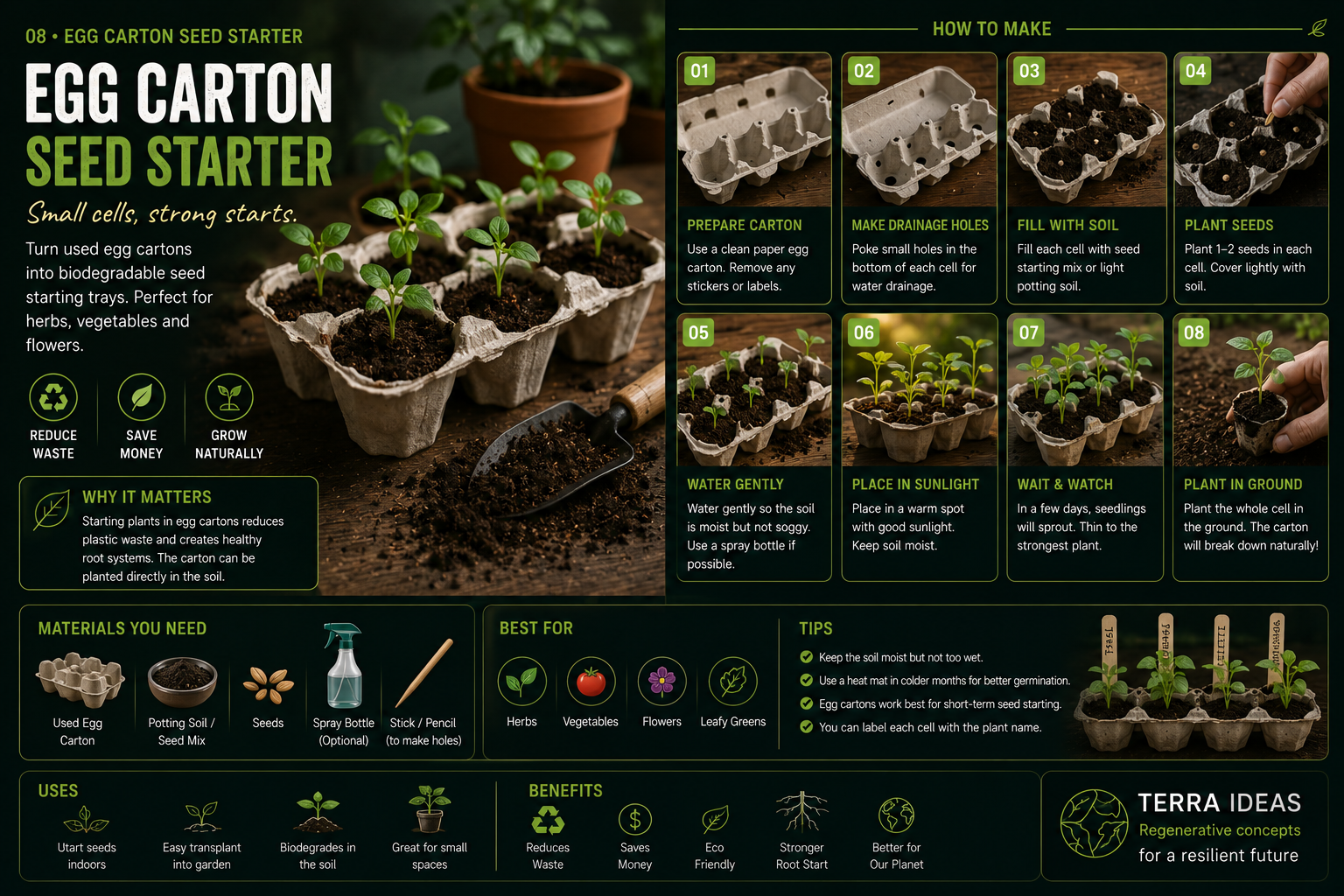 Egg carton seed starter tray infographic