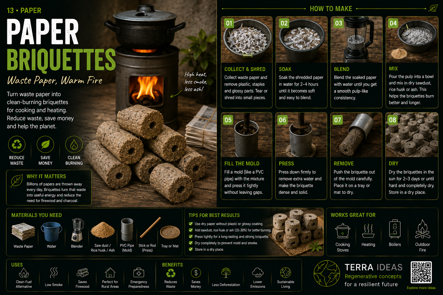 Paper briquettes from waste paper infographic
