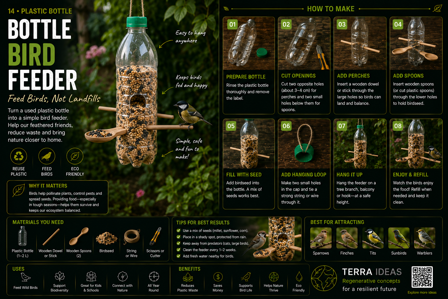 Plastic bottle bird feeder infographic